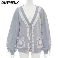 Japanese Style Sweet and Cute Lace V-neck Long Sleeve Sweater Coat Mid-Length Bow Belt-Loop Knitted Cardigan for Women Spring