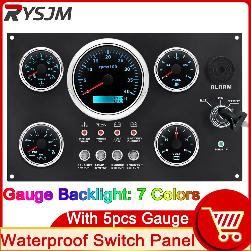 AD 5 Gauge Set Switch Panel 12V 24V 4 Button Panel Light Toggle Gauge For Car Marine Boat 4K-8K Tachometer Water Temp Fuel Level
