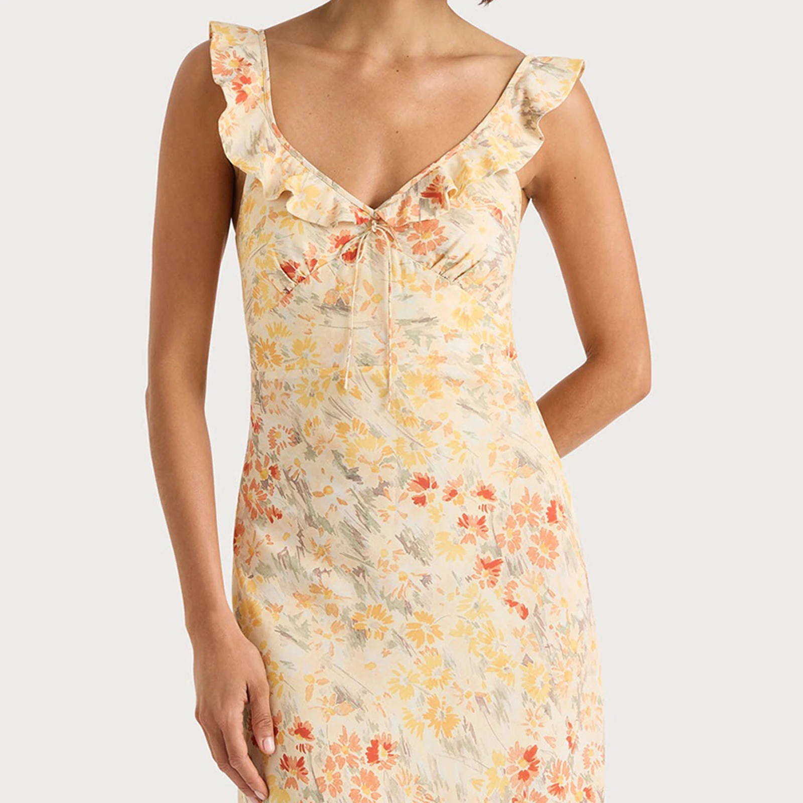 ผู้หญิงฤดูร้อน Midi Cami Dress แขนกุด Ruffle Trim V คอดอกไม้พิมพ์ชุดชายหาด