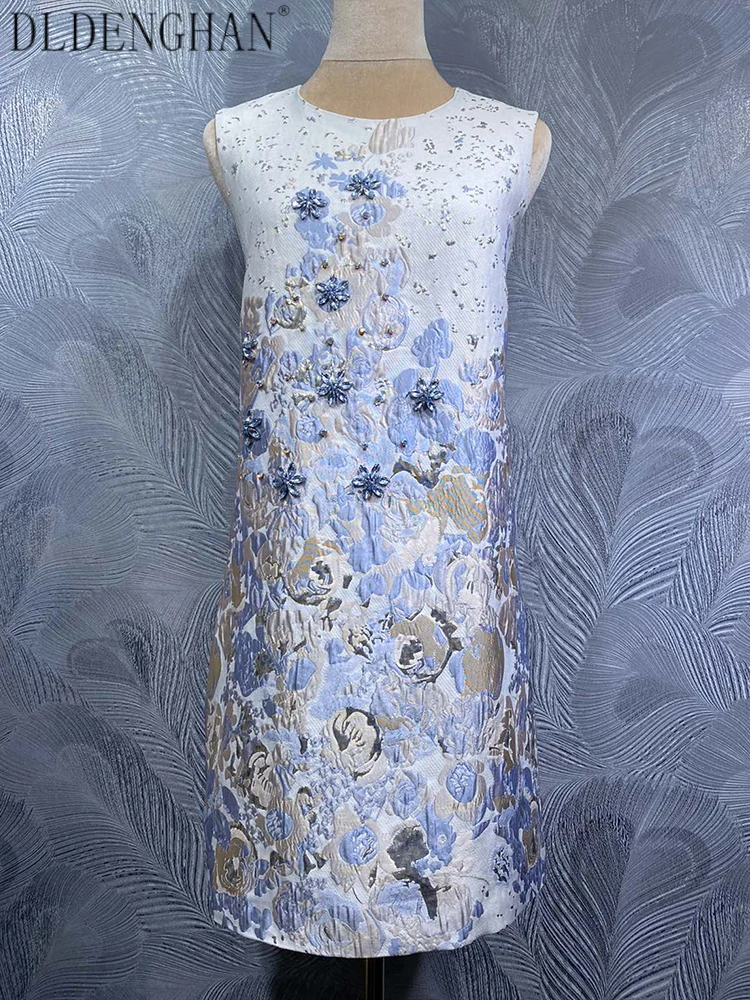 

DLDENGHAN жаккардовое винтажное мини-платье с бриллиантами для женщин, платья без рукавов с круглым вырезом, летняя мода для женщин