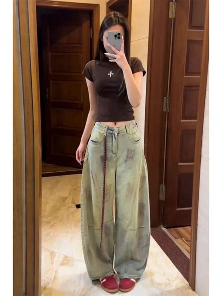 

Американские ретро витражи брюки с высокой талией свободные широкие джинсы женские зимние дизайнерские смысл рабочая одежда джинсовые обтягивающие джинсы