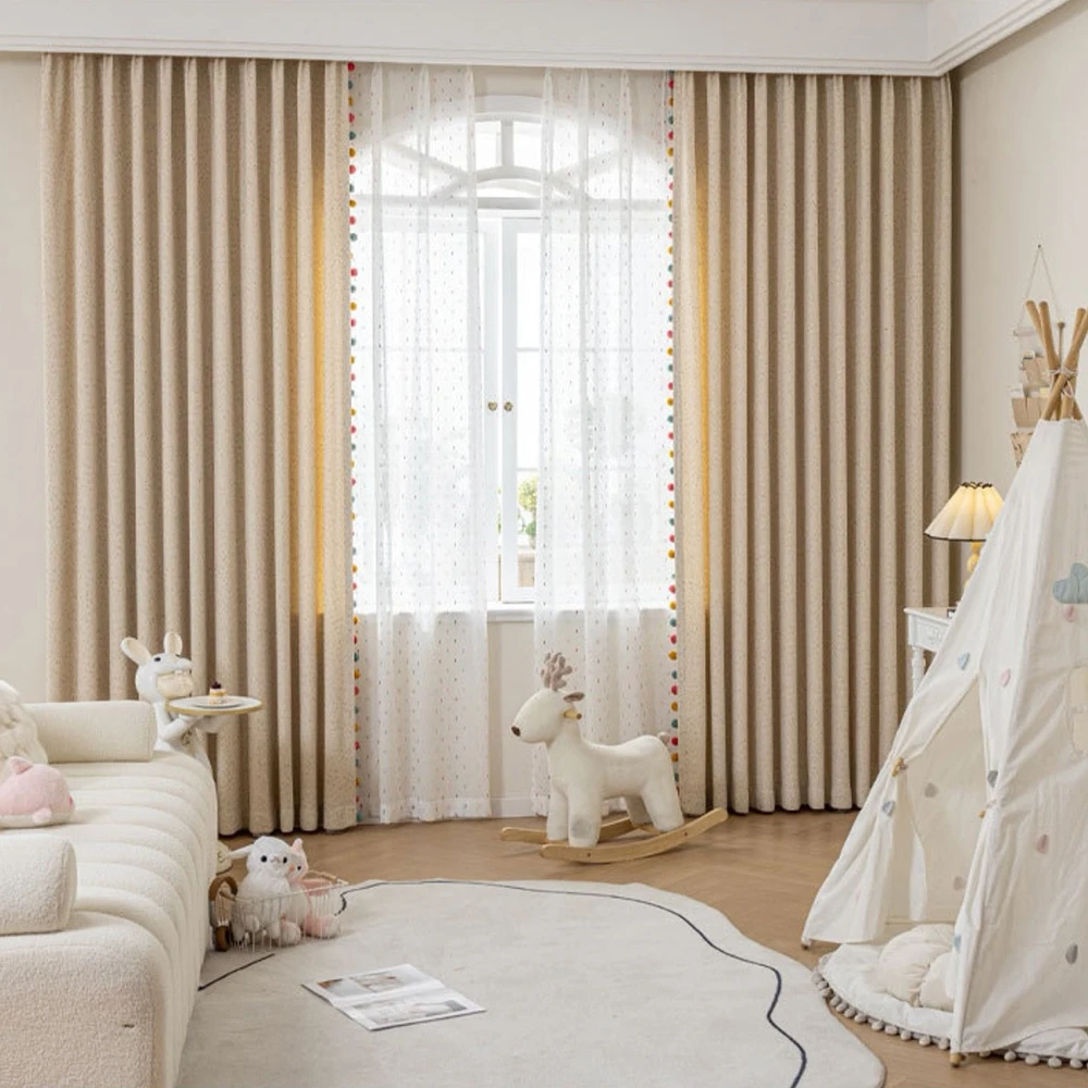 French Style Cream Semi Blackout Curtains with Pom Pom Trim, Kids Curtains for Girls' Rooms Darkening Privacy Protection