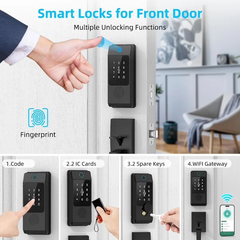 WiFi Front Door Lock Set - Miuedo Keyless Entry Smart Locks Handle Set, Fingerprint Smart Alexa Lock - Smart Deadbolt Lock