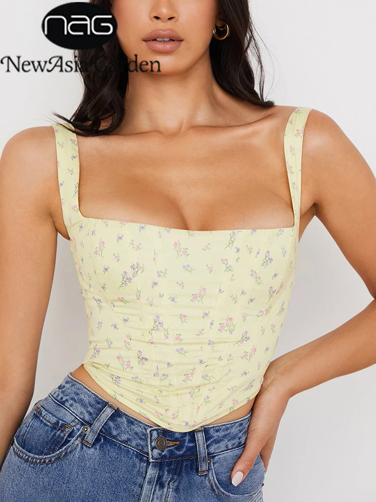 

NewAsia Floral Corset Top Print Patchwork Zipper Boning 2 Layer Slim Fit Crop Tank Top Chic Yellow Cami Top y2k Tops Women 2021