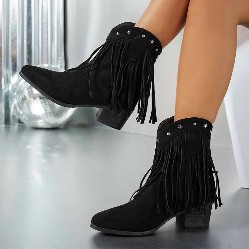 Fringes Chumky Woman Ankle Boots Designer Suede Mid Heels Shoes Women 2025 Trend Winter Pumps Eleglant Dress Chelsea Botas Mujer