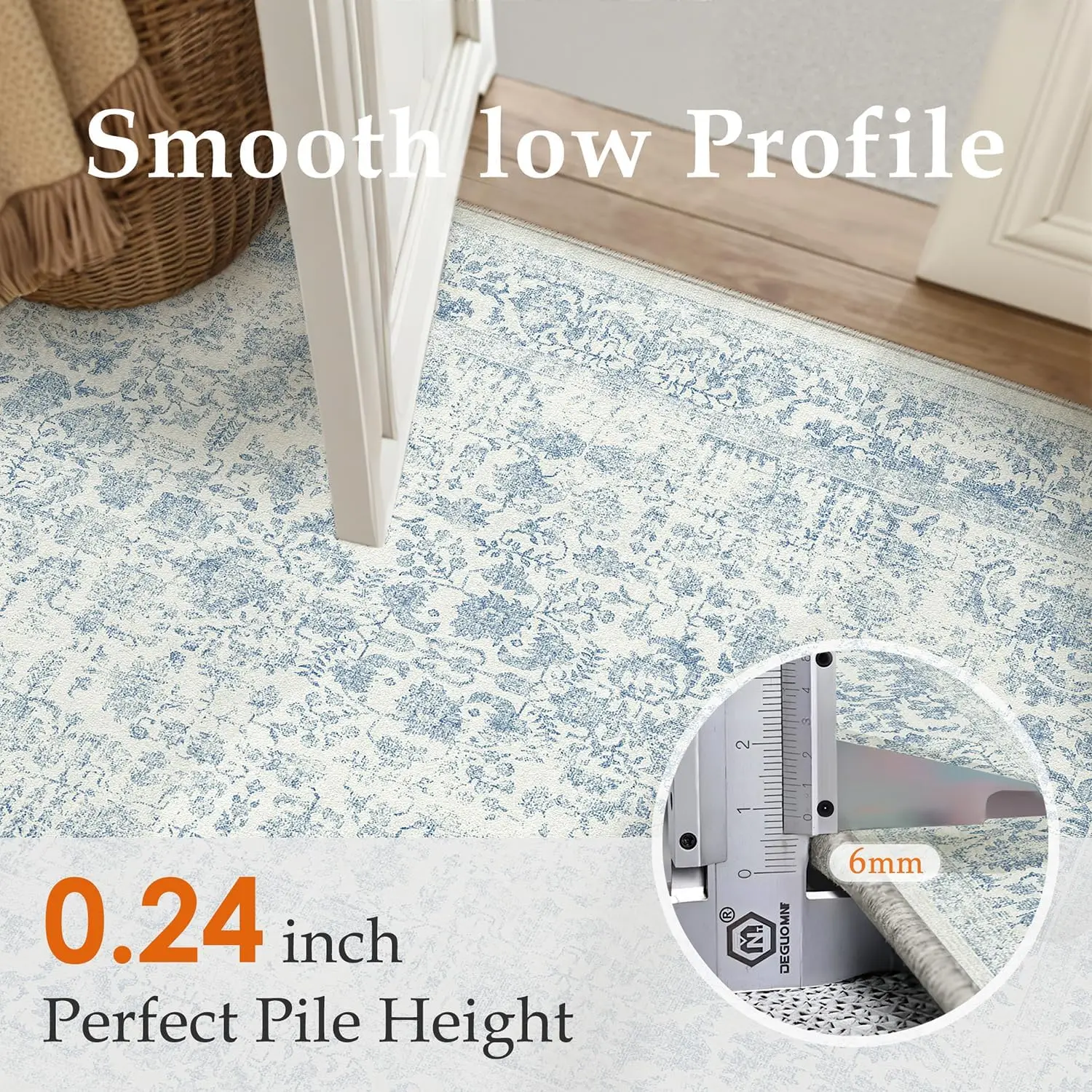 Polypropylene Area Rug, Vintage Floral Pattern Floor Carpet For Living Room Dining Area And Bedroom, Durable Washable Large Indoor Mat, Blue Single Pack - view 3