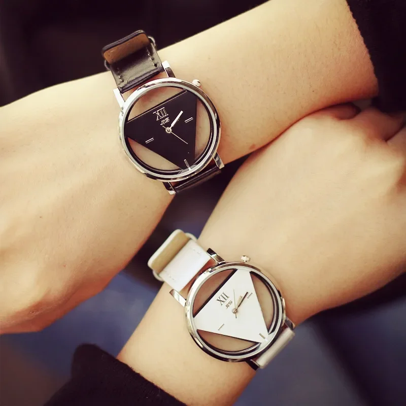 Fashion Hollow Triangle Women Quartz Watches Simple Novelty Individualism Creative Wrist Watch Black White Leather Couple Clock