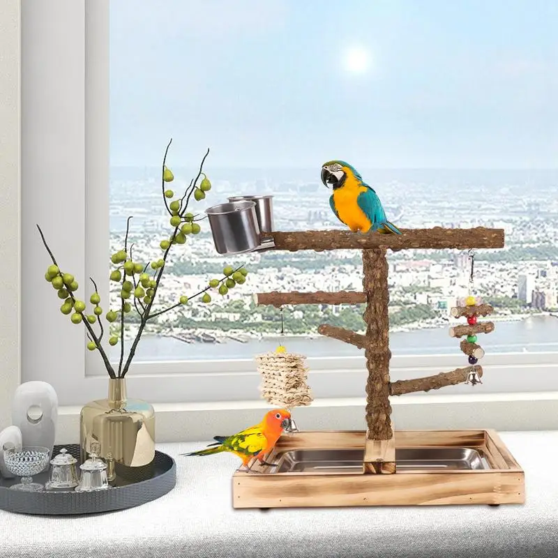 

Bird Perch Stand Parrot Playground With Feeder Cups Natural Wood Parakeet Playstand Toys For Conures Canaries Cockatiel Budgies