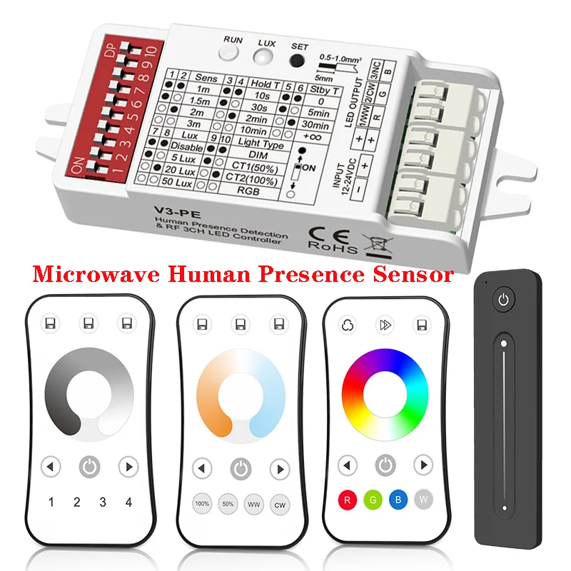 

Microwave Human Presence Sensor RF Dimming LED Controller 3CH*2A DC 12V 24V Dimmer for Single Color CCT RGB LED Strip
