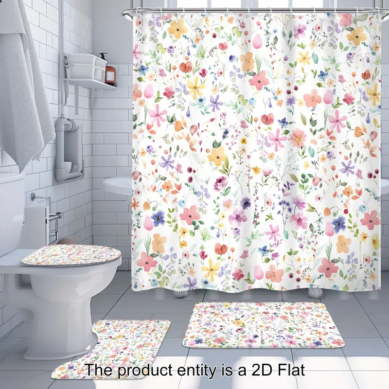 2D Flat, 2D Flat 4pcs -Colorful Watercolor Flowers And Plants Shower Curtain Set Boho Fancy Art Floral Plant Curtain with 12 Hooks, Non-Slip Bathroom Floor Mat, Toilet U-Shaped Mat, Cover Mat, Bathroom Decoration And Accessories, 2D Flat