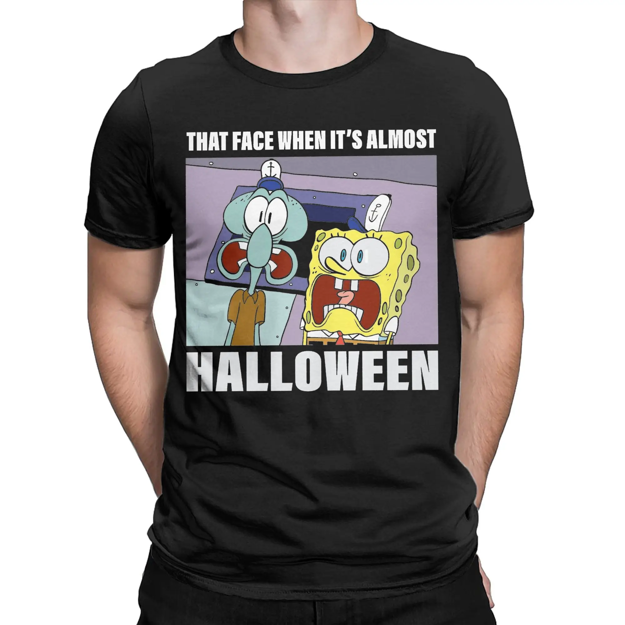 Streetwear Spongebobed Halloween Squidward Face T-Shirt Men's Round Neck Short Sleeve Tops  Cotton Summer TopsTops