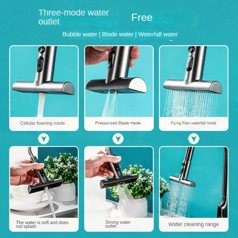 Waterfall Pull Out Kitchen Faucet Temperature Digital Display Rotation Mixer 3 Modes Sprayer Hot And Cold Sink Water Tap