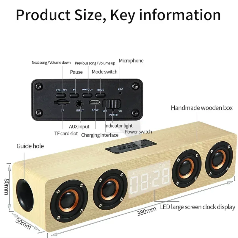 Barra de sonido de madera inalámbrica con Bluetooth, altavoz portátil Retro, Subwoofer para TV, ordenador con Radio FM, tarjeta TF, USB