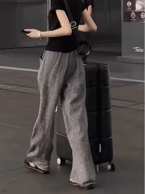 Comfortable Linen Straight Leg Pants with Dstring Design Bla And White Cheered Loose Fitting Floor Length Lazy Sle