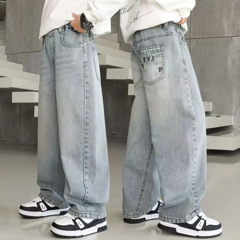 Herbst Kinder Jeans UNITIM 4-14 Jahre Jungen Denim-Hosen mit Schriftzetteltasche Lose Elastische Taille Junior Jungen Gerade Hosen Teenager Jungen Hose – Detail 3