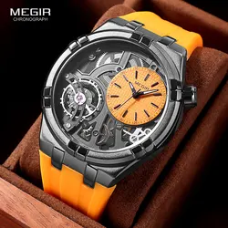 MEGIR Orange Sport Analog Watch for Men Fashion Waterproof Quartz Wristwatch with Luminous Hands Silicone Strap MN8111