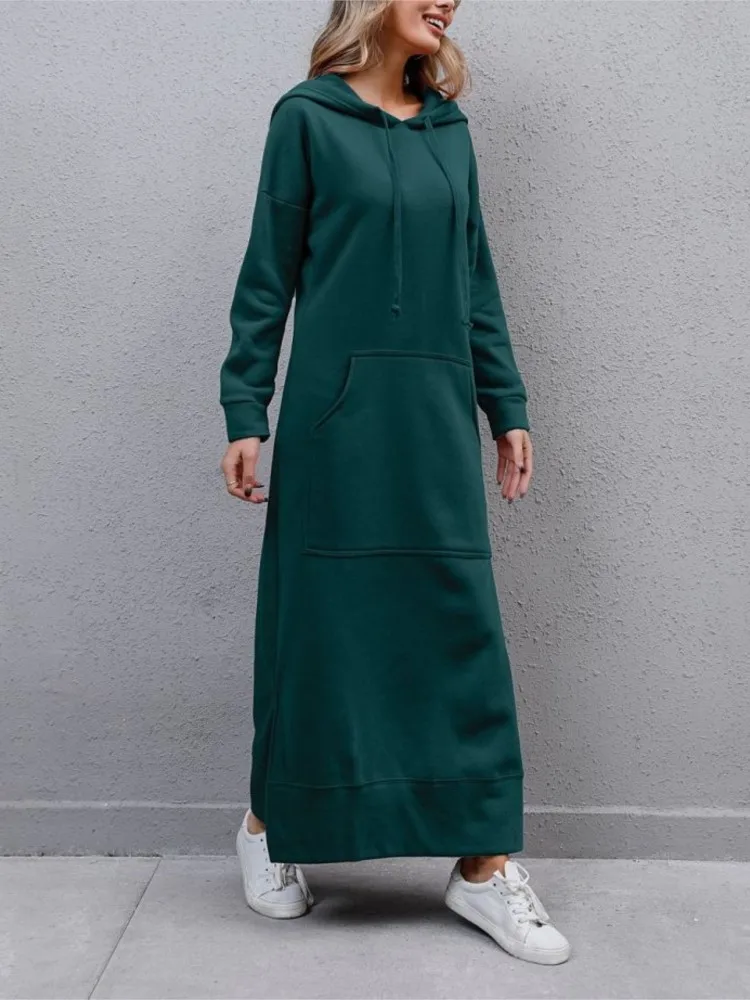 Autumn Winter New Women\'s Loose Large Knitted Hooded Long Skirt With Velvet Hoodie Casual Fashion Dress Large Pocket Skirt