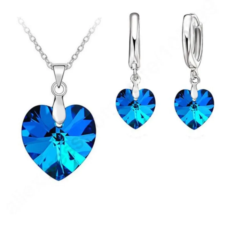 Fast Ship SW Crystal Ocean Heart 925 Pure Sterling Silver Jewelry Set With Lever Back Earring Pendant Necklace Woman Gift