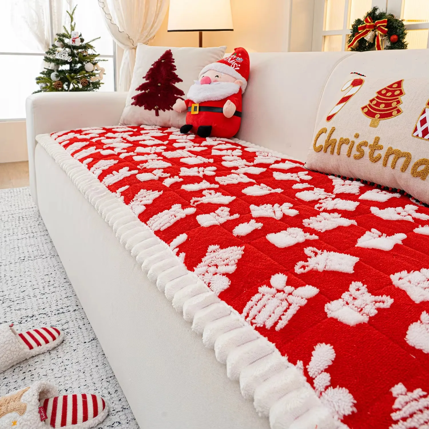 Winter Plush Red Christmas Sofa Cushion Universal Household Anti-Slip Seat Cover Anti-Cat Scratch Rectangular Sofa Covers