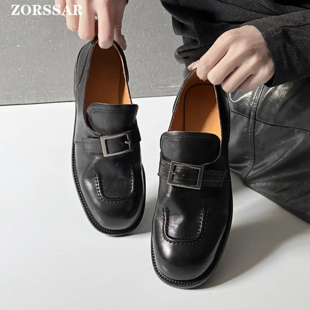 

Loafers Women Square Toe 2026 Spring New Genuine Leather Ladies Flats Shoes Slip-on Vintage Buckle Classic Spring Shoes Women