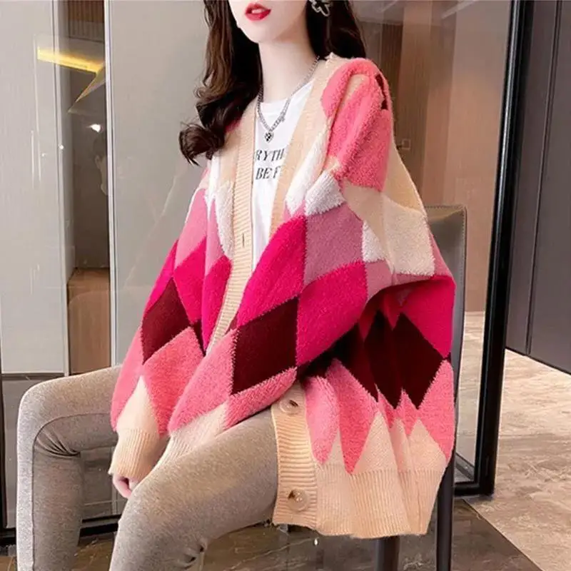 Spring and Autumn Rhombic Contrast Color Sweater Coat Women\'s Loose and Lazy Knitted Cardigan Top Women\'s Fashionable Outwear