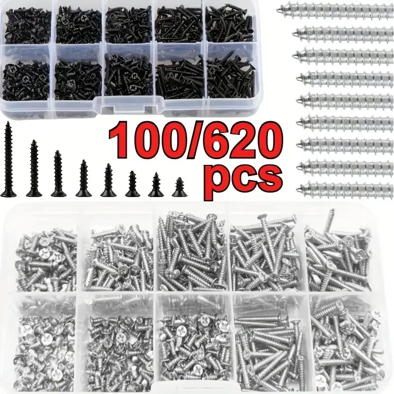 1 Kit Mix Sizes M1.2 M1.4 M1.7 M2 M3 M4 Phillips Flat Countersunk Round Pan Head Wood Self Tapping Screw Set 304 Stainless Steel