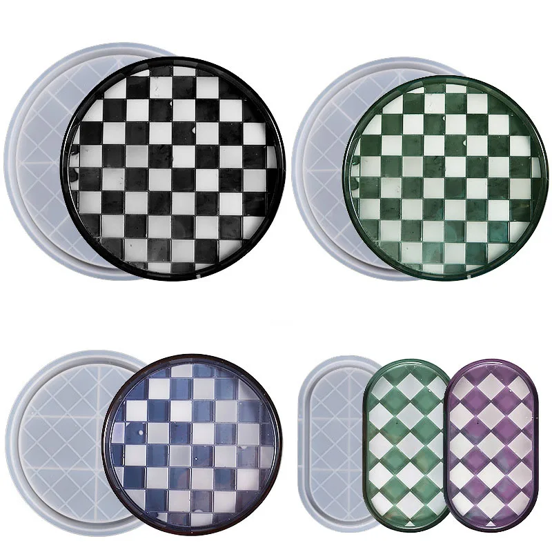 Checkerboard Grid Storage Tray Epoxy Resin Mold DIY Oval Round Fruit Plate Coaster Jewelry Storage Silicone Mould Home DecorTool