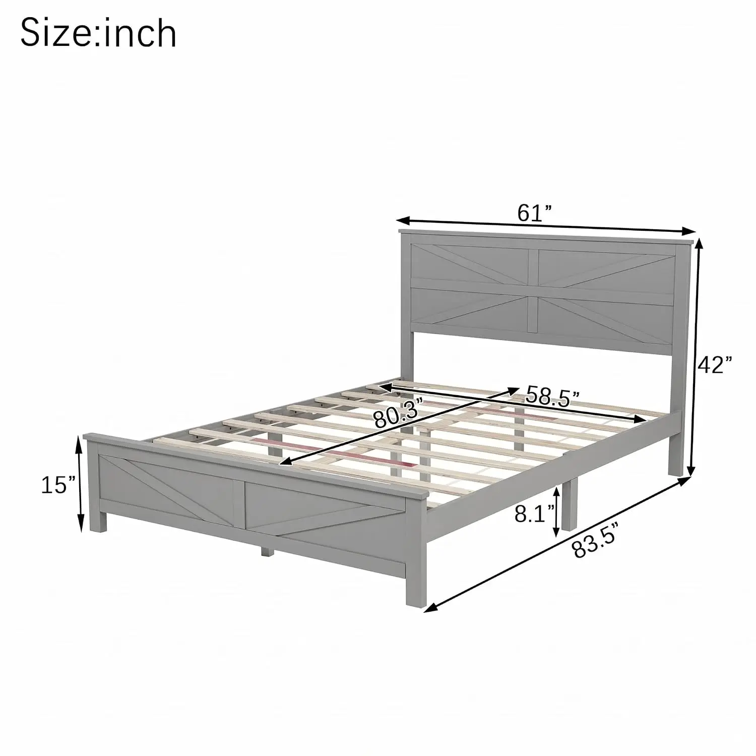 Rustic Farmhouse Wood Queen Platform Bed With Barn Door Headboard, Wooden Slat Support, No Box Spring Needed, Customized