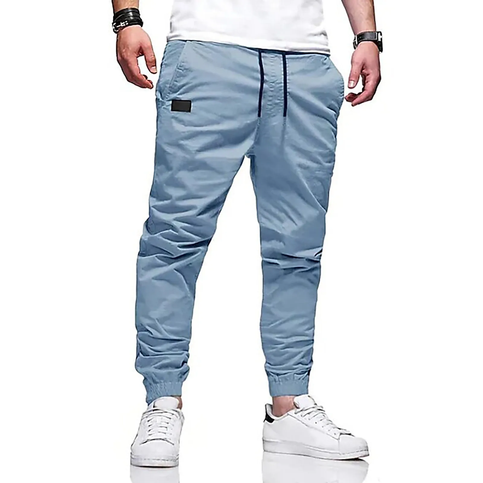 Mens Casual Sweatpants Solid Color Drawstring Double Pocket Bunched Feet Sports Joggers Skinny Comfort Fitness Sweatpants Male