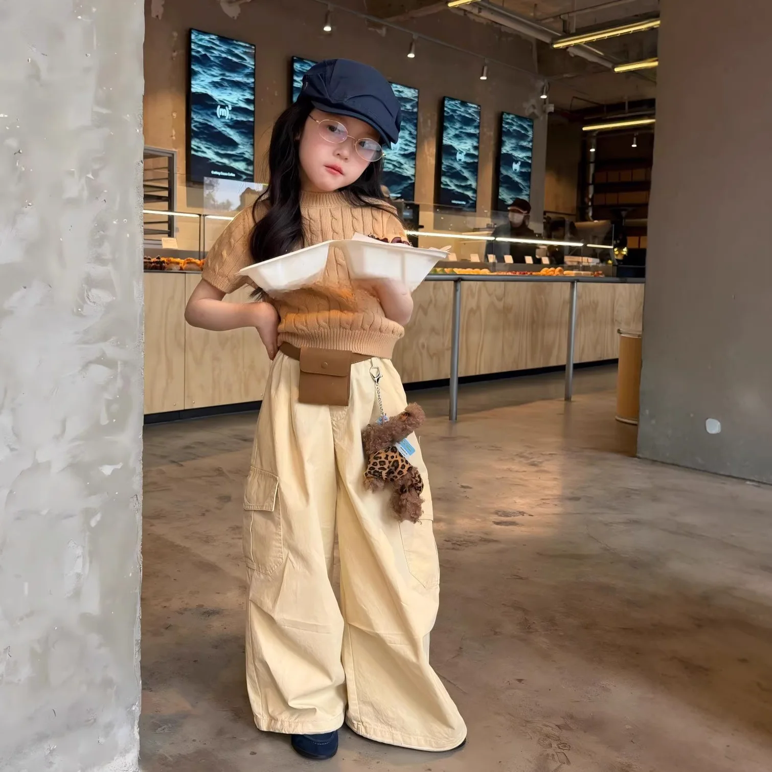 Children's Clothing 26 Spring New Girls Twist Sweater Short-sleeved Knitted T-shirt Casual Overalls Set