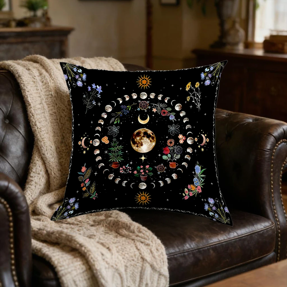 1Pc Bohemian Black Moon Phase Floral Print Cushion Cover Soft Breathable Fabric for Sofa Bed Home Decor