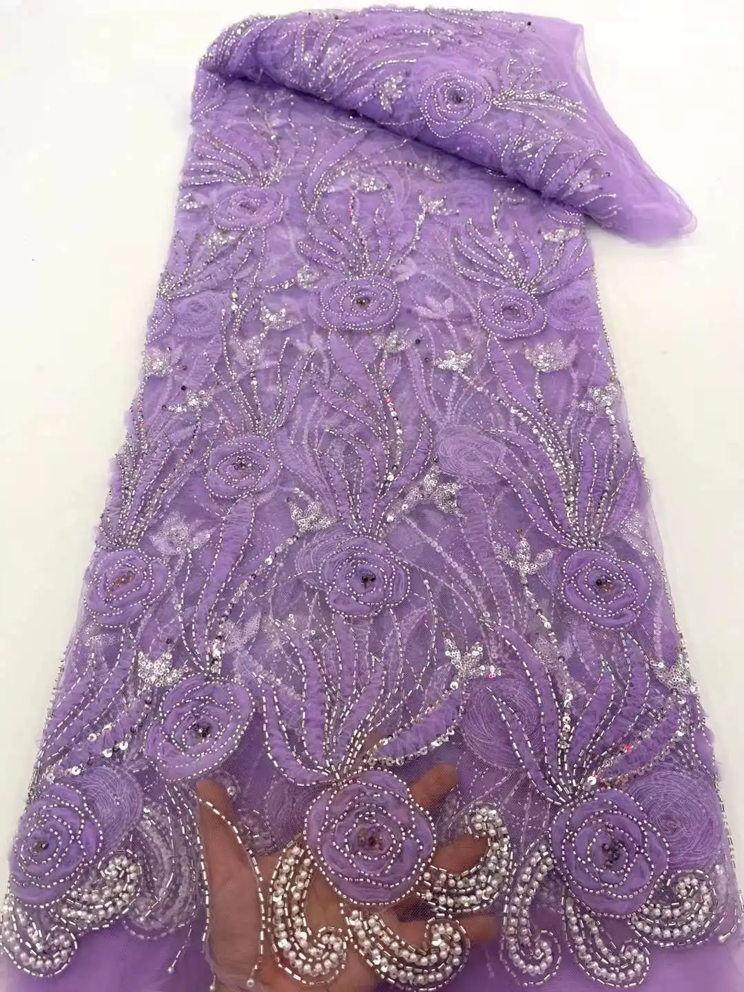 Tela de encaje de flores bordadas de tul africano de alta calidad con cuentas de lentejuelas para vestido de novia, costura de fiesta Xc, última moda