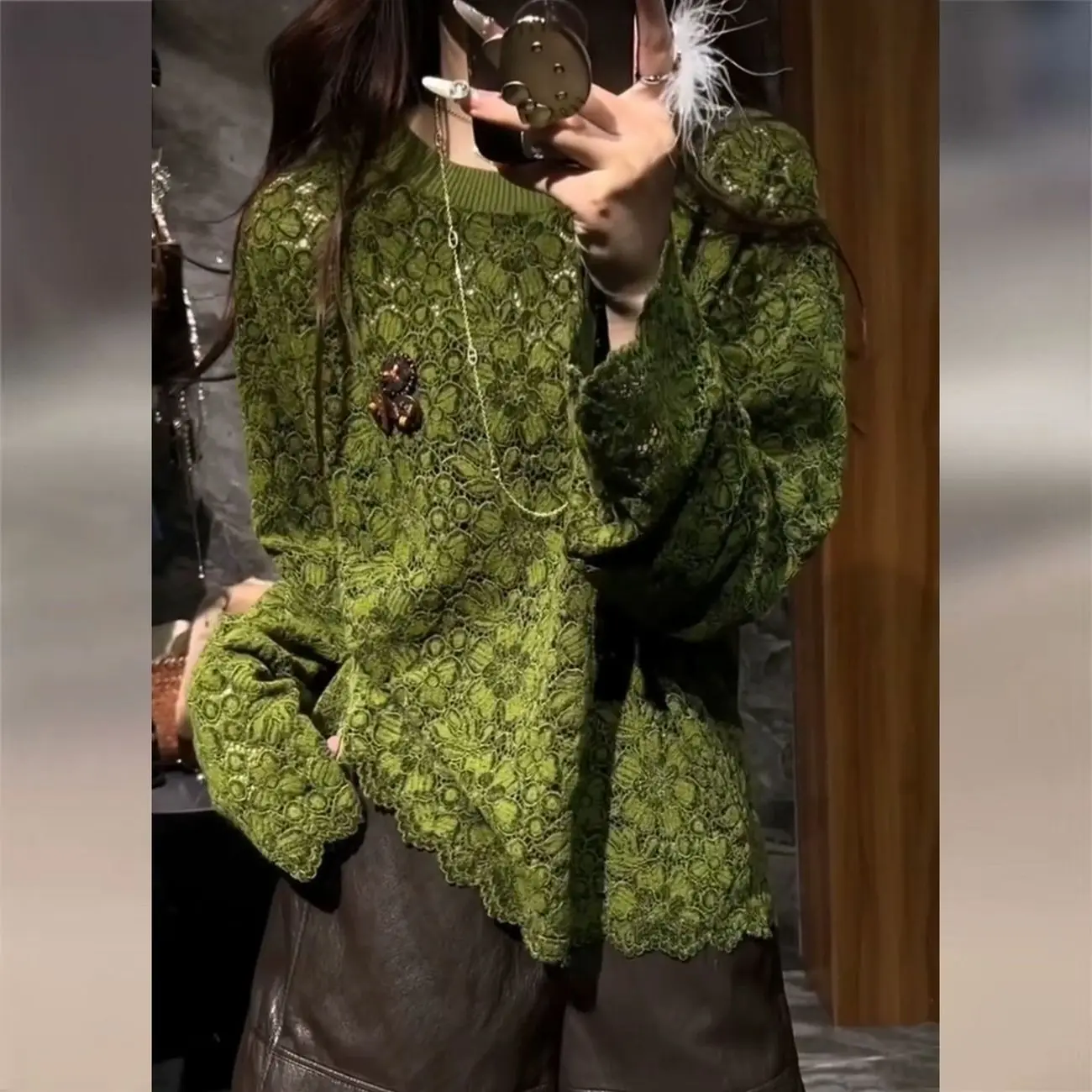 

New Fashion Floral Crochet Shirt Women Spring Autumn Elegant Lace O-neck Long Sleeve Blouse Office Lady Casual Loose Top