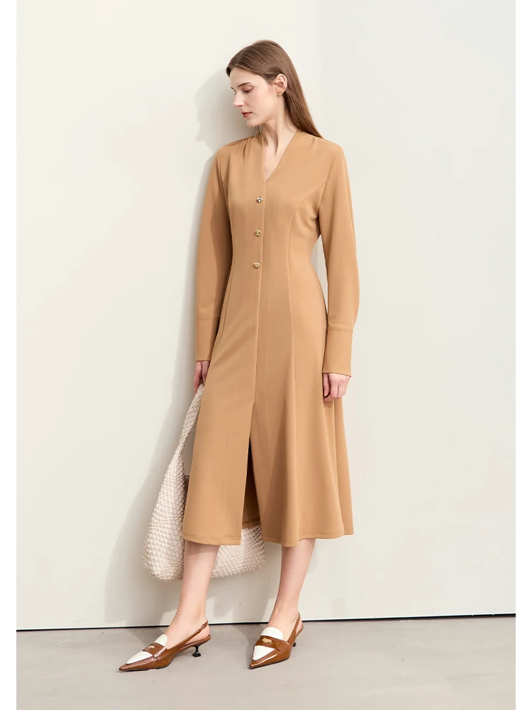 Amii Minimalism 2024 Women Dresses Autumn New Elegant V-neck Buckle Waist Fashion Office Lady Slim Long Dress Female 12443046