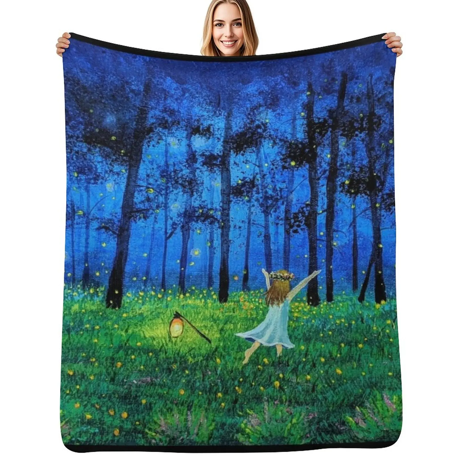 

Fireflies in forest and a little girl Throw Blanket Ultra Soft Flannel Fleece Blanket for All Seasons