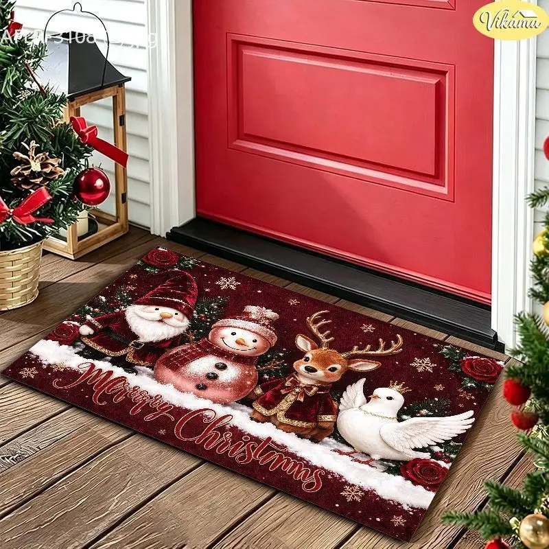 VIKAMA Burgundy Gnome Snowman Dove Floor Mat Washable Entry Rug Front Door Porch Xmas Winter Decor Washable Home Decor