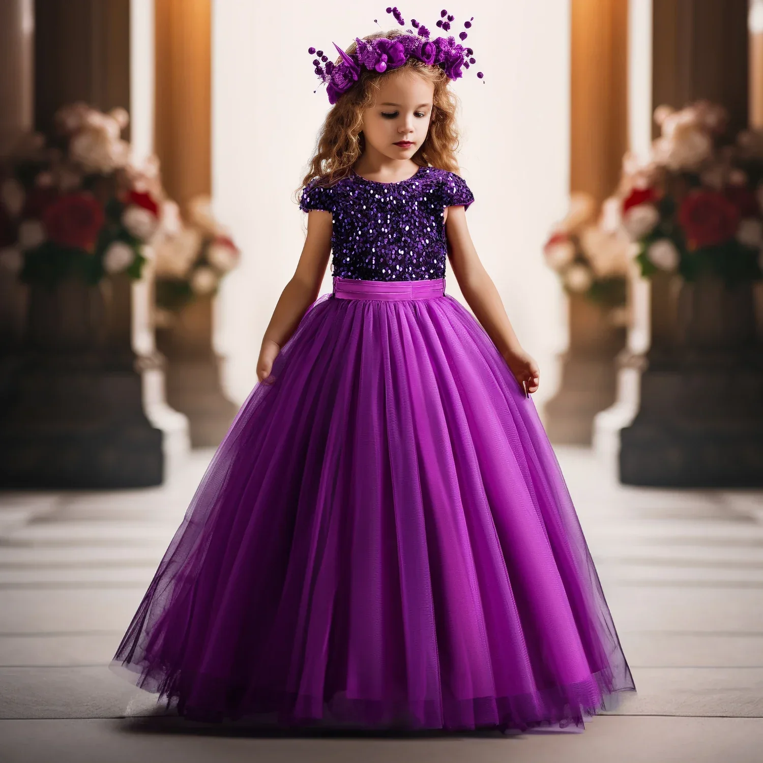 Sequins Flower Children's Wedding Party Long Dresses Elegant Girl Birthday Party Feast Dress Bridesmaid Evening Formal Dressing