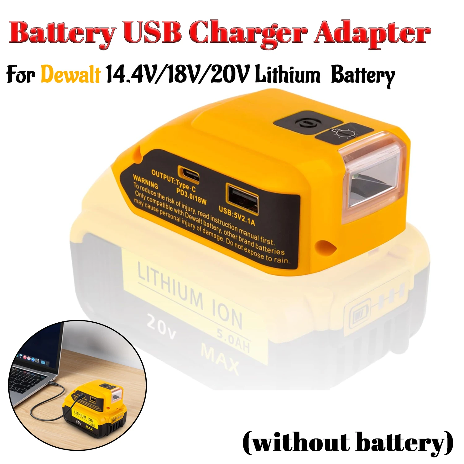 Portable Dual USB Charger Adapter for Dewalt 14.4-20V Battery Type C DC 12V Output LED Light Camping Emergency Tool No Battery