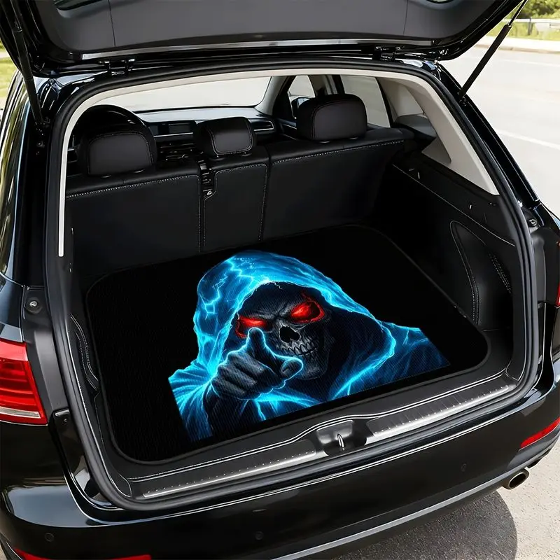 VIKAMA Blue Lightning Grim Reaper Printed Car Trunk Mat Non Slip Waterproof Skull Pattern Horror SUV Rear Cargo Protector Mat
