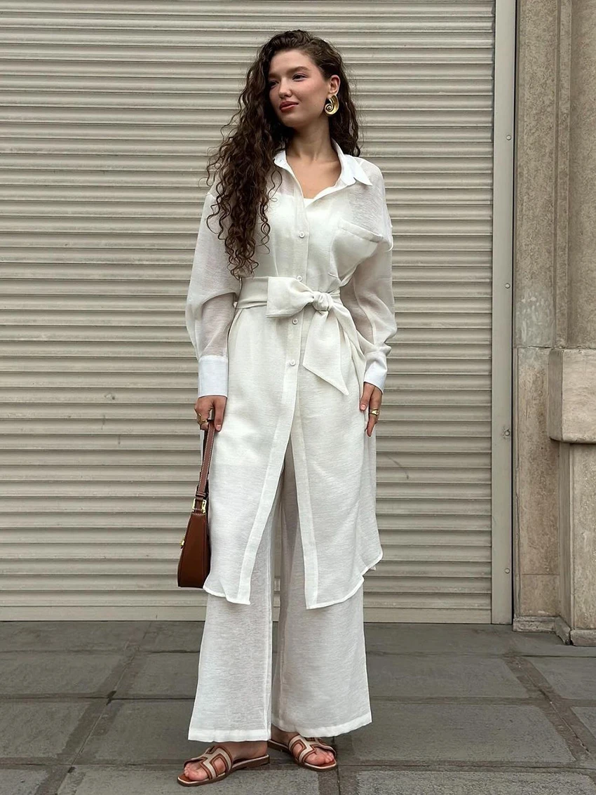 

Marthaqiqi Casual Female Nightwear 2 Piece Suit Long Sleeve Robe Turn-Down Collar Pajamas Lace Up Sleepwear Pants Nightgowns Set