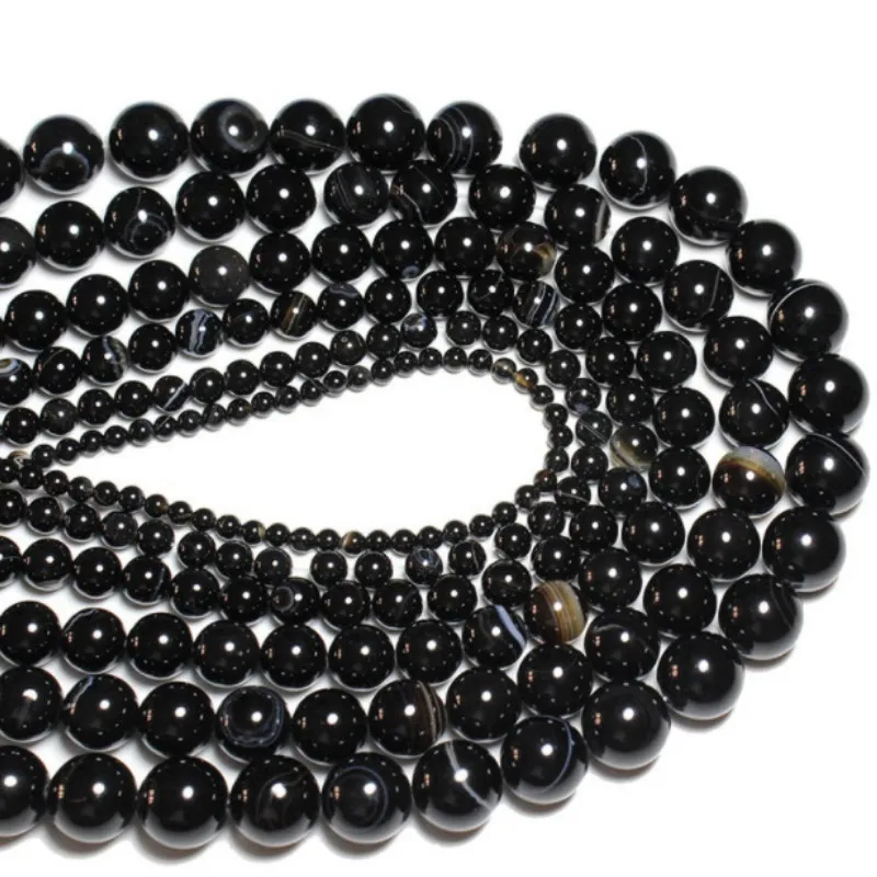 Black Striped Agate Loose Beads Natural Gemstone Smooth Round for Jewelry Making