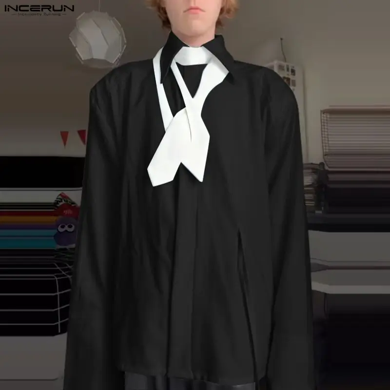 

INCERUN Мужская рубашка в стиле пэчворк с лацканами и длинными рукавами на пуговицах Мужские рубашки с галстуком Уличная одежда Свободные повседневные топы в корейском стиле Мужская одежда