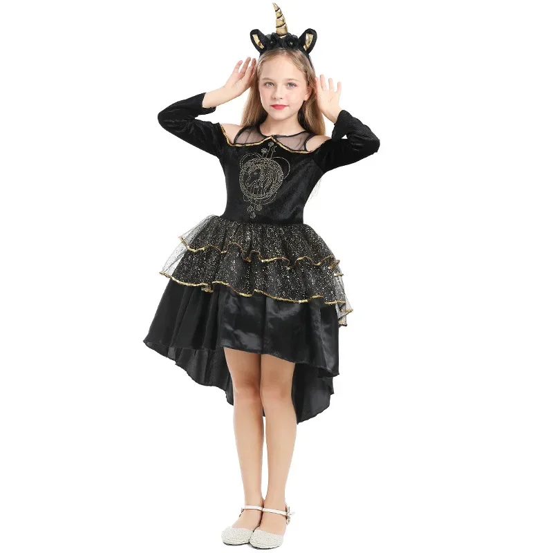 Children Girls Unicorn Black Tutu Mesh Gothic Long Sleeves Dress Halloween Cosplay Costumes Outfit