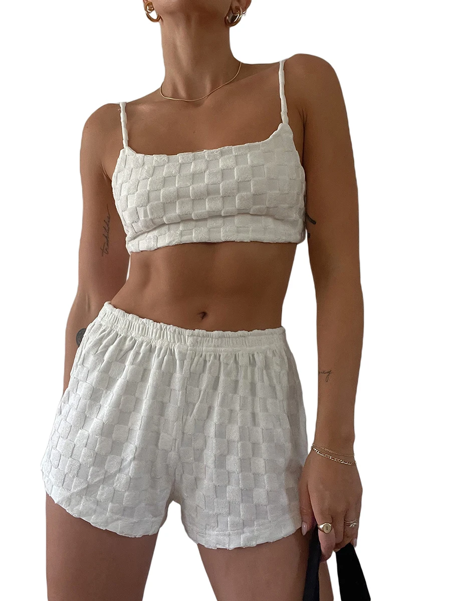 Dames 2 Stuk Gebreide Outfit Bloemenprint Zomer Crop Top Camis Hoge Taille Rekbare Shorts Set Y 2K Tweedelige Outfit