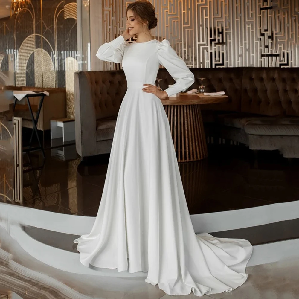 

Simple O-Neck Muslim Wedding Dress with Puff Long Sleeve A-Line Jersey Floor Length with Belt and Buttons Bridal Customized Gown