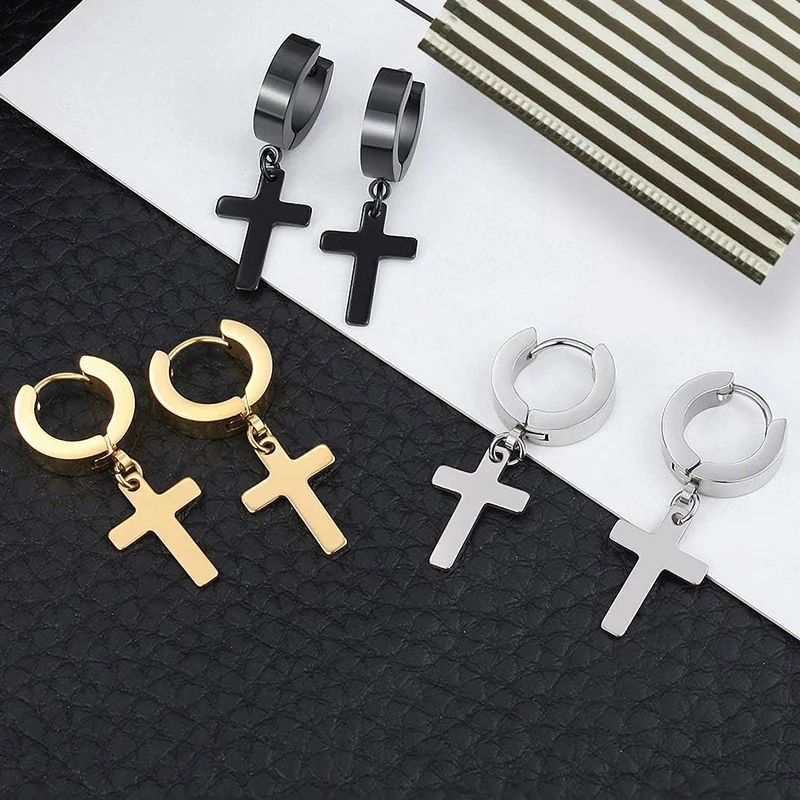 2pcs Cross Piercing Earrings 18G Dangle Hinged Earrings Stainless Steel Cross Hoop Earrings for Women Men