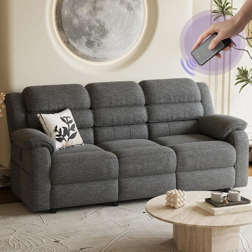 

3 Seater Grey Chenille Electric Reclining Couch with Dual Motor and Remote, 76.5 Wide for Living or Game Room