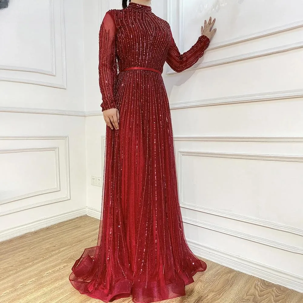 High-Grade Wine Red Muslim Luxury Evening Dresses Formal Wedding Dress Gowns A-Line Sparkle Beaded For Women’s Party فساتين سهرة