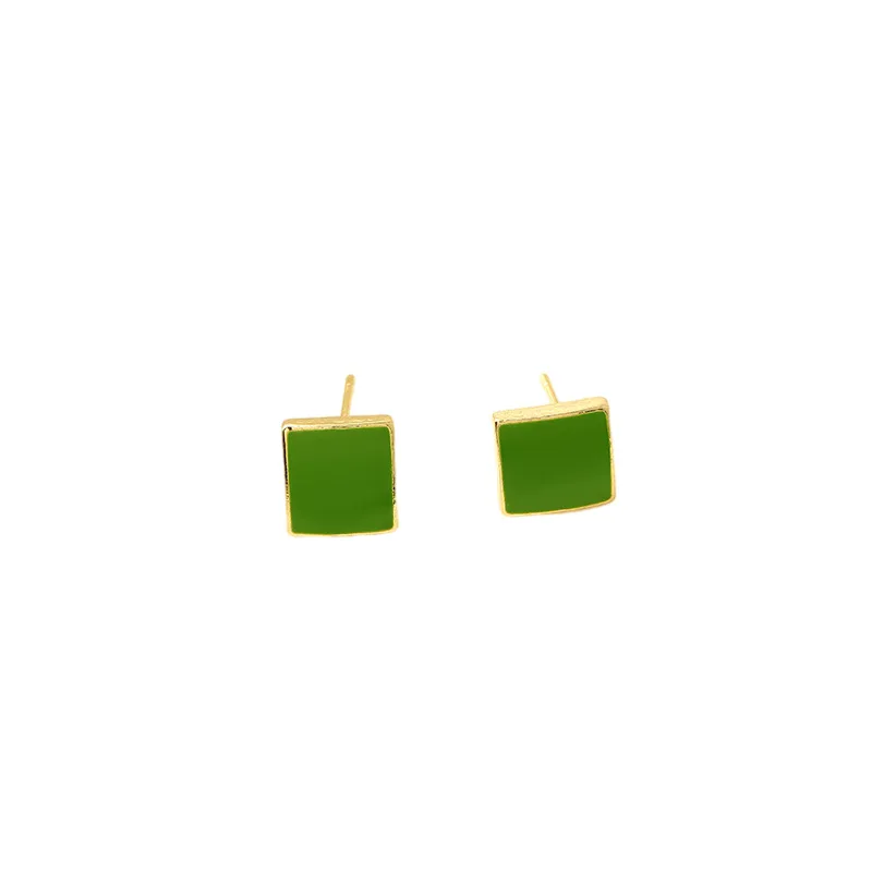 Retro Green Color Square Stud Earring for Women Korean Geometry Enamel Glaze Temperament Jewelry Christmas Girlfriend Gift