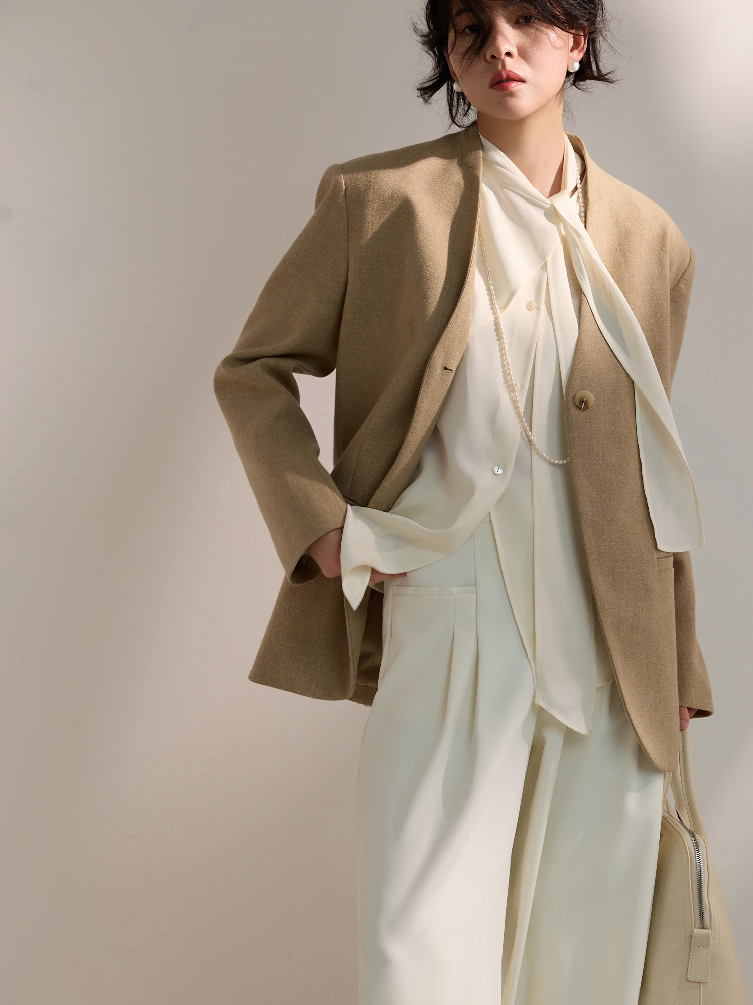 

High Quali Wool Linen V-Ne Suit Jaet WeTHEE Spring Commute Breathable Loose Fit Long Sve One Button Closure Coat